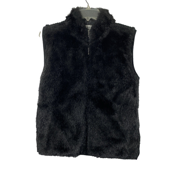 Kikit Faux Fur Front Vest Ribbed Sweater Back Womens Large Y2K Black Full Zip - Picture 1 of 11